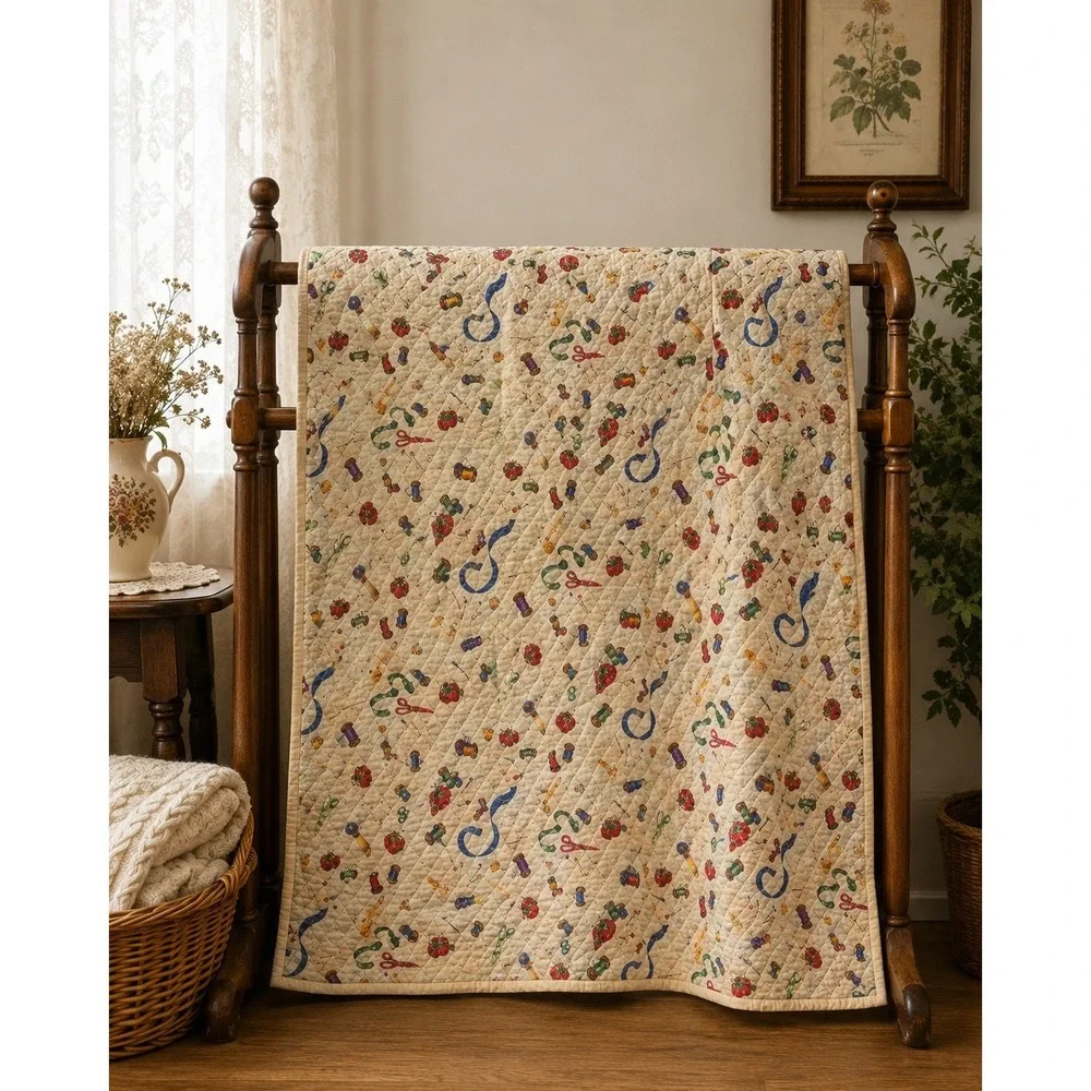 Handmade Sewing Theme Quilt Throw Blanket Scissors Spools‎ Fabric 51x40 Cottage